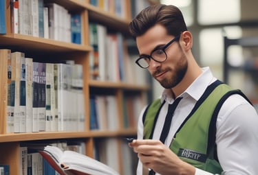 a man in a green Hi-Viz vest reading a book