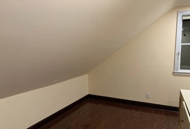 Renovated attic room with light beige painted walls, dark floors, and sloped ceiling