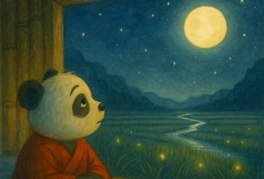 Children’s picture book image of panda gazing at moon, teaching patience for ages 3–7