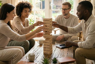 Innerloom Life Coaching: Friends playing giant Jenga, carefully balancing the tower to show stabilization and support.