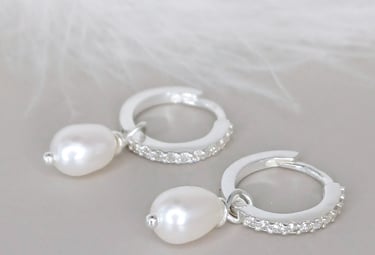 sterling silver zirconia hoop earrings with a delicate pearl charm - elegant and timeless design