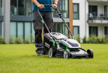 a man standing in the grass with a lawn mower