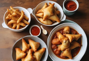 A plate of crispy golden fries and samosas with chutney dips.