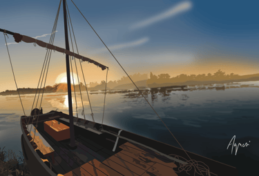 a boat on the water with a sunset in the background