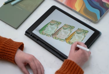 Graphic design process — brand concepts on tablet