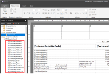 Microsoft Report Builder interface showing data set fields for company address and contact information.