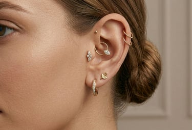 אוזן מעוצבת בסגנון יוקרתי עם חישוקי סחוס מזהב, יהלומים ועגיל בעיצוב עלה