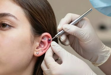 פירסר מקצועי עם כפפות מבצע פירסינג פלאט באוזן באמצעות מחט