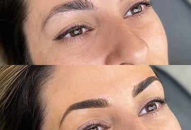 Before and after image displaying a client with dark brunette shaded brows. 