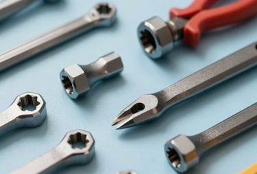 Close-up of high-quality industrial steel tools arranged on a pale blue surface. The lighting is sharp and technical, emphasizing the durability and quality of the materials. Professional, clean composition.