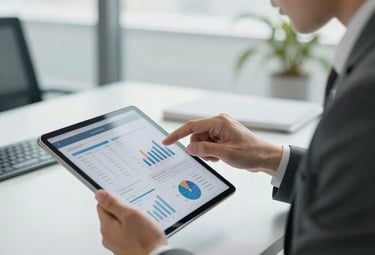 A professional in a sharp suit using a high-definition tablet to analyze strategic data in a bright, modern office. The image reflects confidence, trust, and intelligence. Global / English-speaking context.