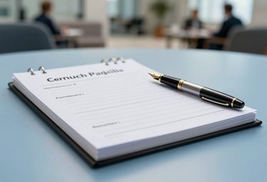 A close-up photograph of a professional meeting agenda and a fountain pen on a clean, light blue surface. The background shows a blurred view of a formal business lounge. Central European / Polish-Romanian setting.