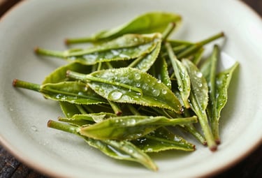 Macro photography of fresh, bright green tea leaves with water droplets, resting on a rustic cream ceramic plate. The lighting is bright and natural, highlighting the delicate textures. East Asian &amp;amp;amp;amp;amp;#x2F; Chinese tea culture aesthetic.