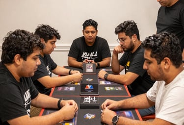 Players intensely competing in a trading card game tournament with cheering crowd.