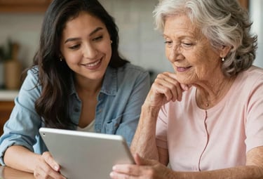 A nurse-informed care navigator speaking kindly with a family over video call.