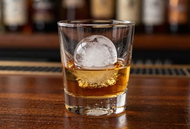 A close-up shot of an amber-colored whiskey in a heavy glass with a single large clear ice sphere, sitting on a polished dark wood bar top in a South American style lounge.