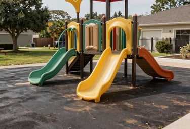 Close-up of a technician inspecting playground equipment bolts and surfaces.