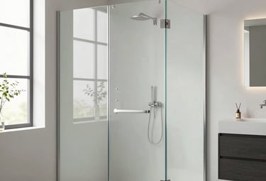 A sleek modern shower screen installed in a bright bathroom.