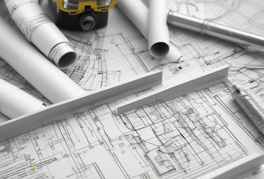 Architect reviewing blueprints with a client in a bright, modern office.