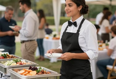 A smiling server carrying trays of appetizers through a bustling event.