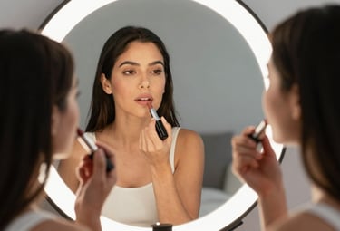 A North American / NYC Hispanic woman applying lipstick in front of a mirror with ring lighting, showcasing the self-makeup course results in a clean, modern home setting.