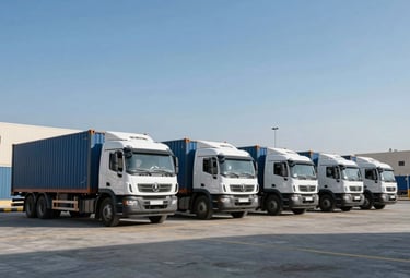 Photography of a clean, modern logistics fleet in a Middle Eastern / Yemeni urban setting, bright daylight, ice blue sky, professional distribution atmosphere.