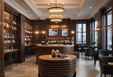 A sleek Black Gold Coffee express outlet with customers ordering coffee quickly.