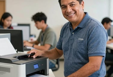 Technician performing maintenance on a Kyocera printer inside an office.