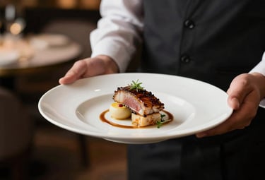 A beautifully plated gourmet dish being served by a professional waiter in a formal uniform. The lighting is soft and focused on the culinary art, reflecting high-end bespoke service and sophisticated excellence in a modern setting.