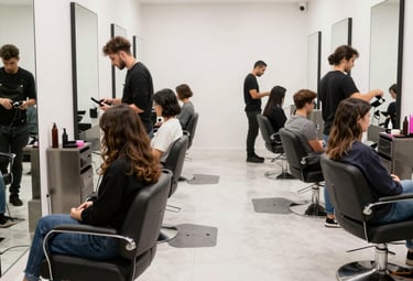 A stylish salon with a receptionist AI managing appointment bookings on a sleek tablet.