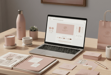 Professional brand identity kit on a wooden desk featuring a laptop, pink stationery, and a water bottle.