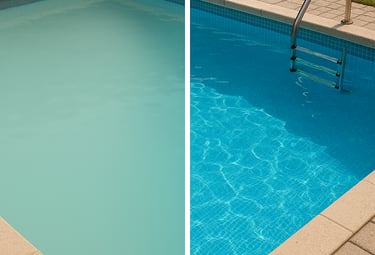 Before and after comparison showing cloudy pool water transformed into crystal clear blue swimming pool water.