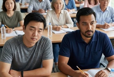 A Chinese man in his 30s sits next to his friend a Malay middle aged man with a beard
