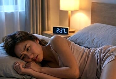 A Chinese long haired woman wearing sleepwear lies on her  bed unable to sleep