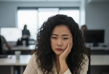 A Chinese woman with frizzy curve hair sitting at her office desk looking stressed