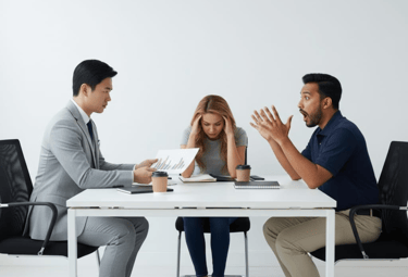 A Chinese man wearing a suit sits together with a Malay man shouting and a Eurasian woman