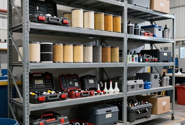 Boxes of automotive supplies ready for delivery in a warehouse setting.