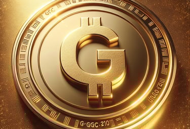 Golden bitcoin coin marked with a G, illustrating the Gold-Backed Global Gold Coin (GGC) concept.