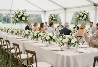 A bright and airy photograph of a large outdoor wedding reception in North Florida. Long tables with off-white linens, elegant floral arrangements in soft greens, and guests laughing in the background. High-key lighting, professional and clean aesthetic.