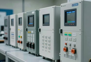 Detailed photography of Schneider Electric industrial controllers and power distribution components arranged neatly on a technical workbench, clean lighting, professional industrial style.
