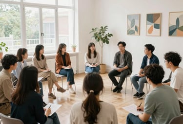 A diverse group of people engaged in a supportive workshop setting.