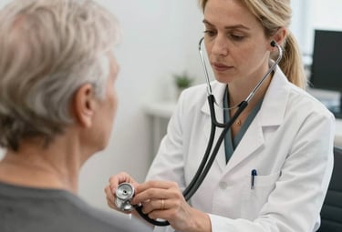 Therapist assisting a patient with rehabilitation exercises in a bright clinic room.