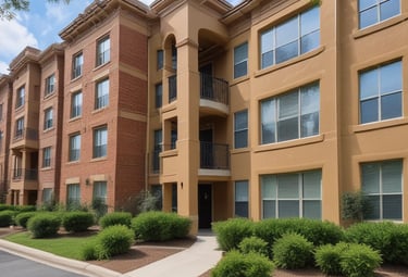 A modern office building with reflective glass windows against a red sky.