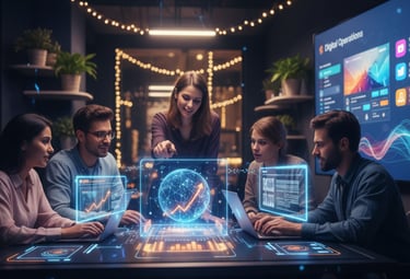 A business team analyzing digital operations and global data analytics on a futuristic holographic display.