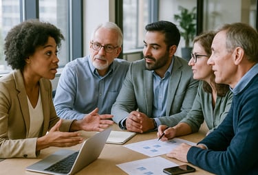 Staffing and recruiting professionals in a business meeting, engaged in discussion about the best hiring solutions