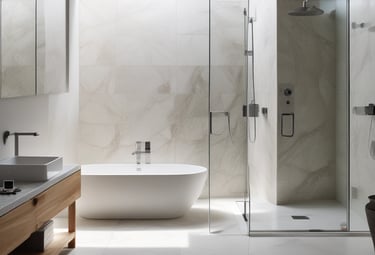 Modern luxury bathroom featuring a freestanding soaking tub and glass walk-in shower with marble tile.