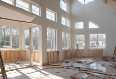 Modern home construction site with vaulted wood ceilings, large windows, and sunlight on the floor.