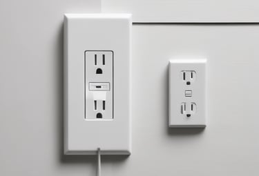 White electrical outlet with a GFCI wall plate installed on a modern white paneled wall.