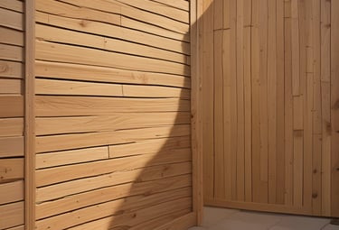 Horizontal cedar wood privacy fence with natural grain texture and vertical slat garden gate.