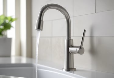 Brushed nickel pull-down kitchen faucet with water flowing into a white undermount sink.